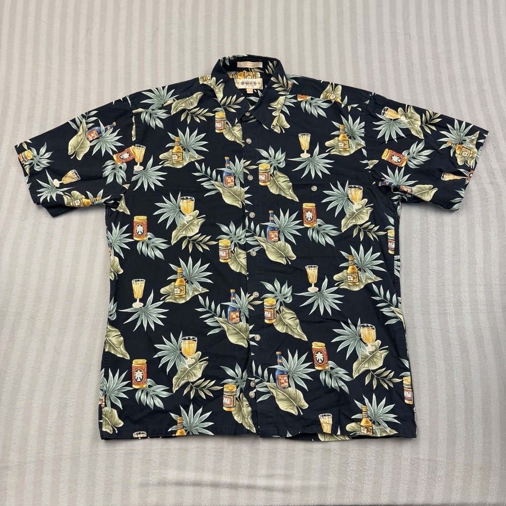 Campia Moda Shirt Men Medium Hawaiian Black Short-Sleeve Casual Cotton